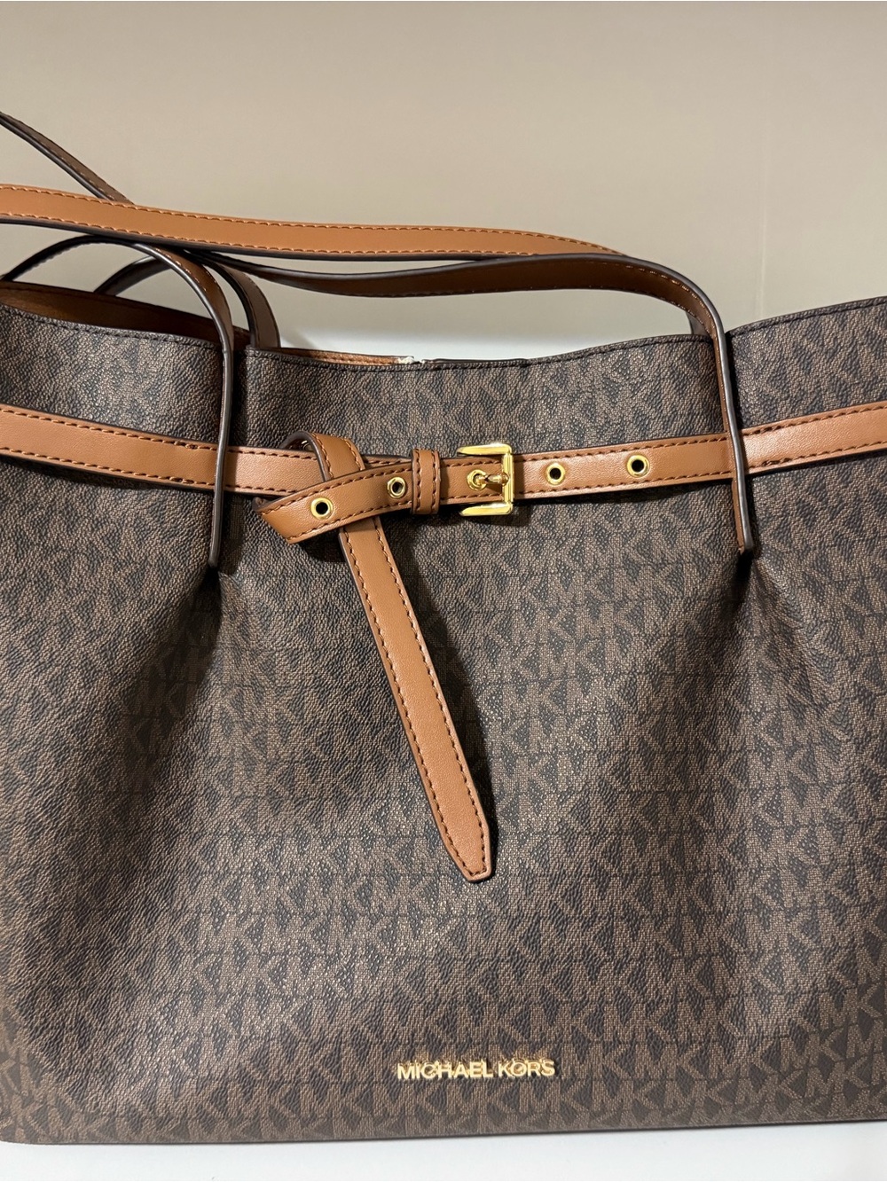 Michael Kors Brown and Tan Logo Tote with Gold Hardware